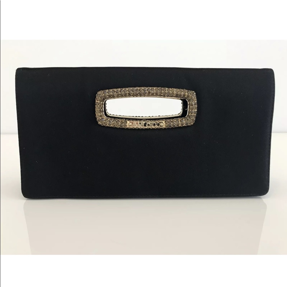JIMMY CHOO BLACK SATIN SILK CRYSTAL CLUTCH BAG